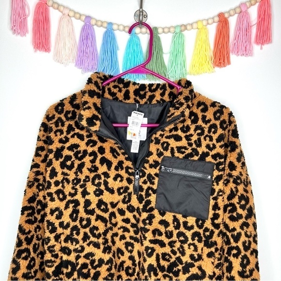 Full Tilt Faux Shearling Sherpa Cropped 1/4 Zip Leopard Pullover Popover NWT - Picture 7 of 11